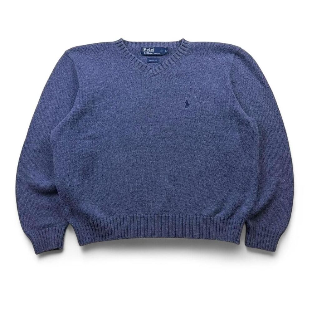 Blue Polo Ralph Lauren Cotton Knit Sweater Size XL V Neck Pony Pullover